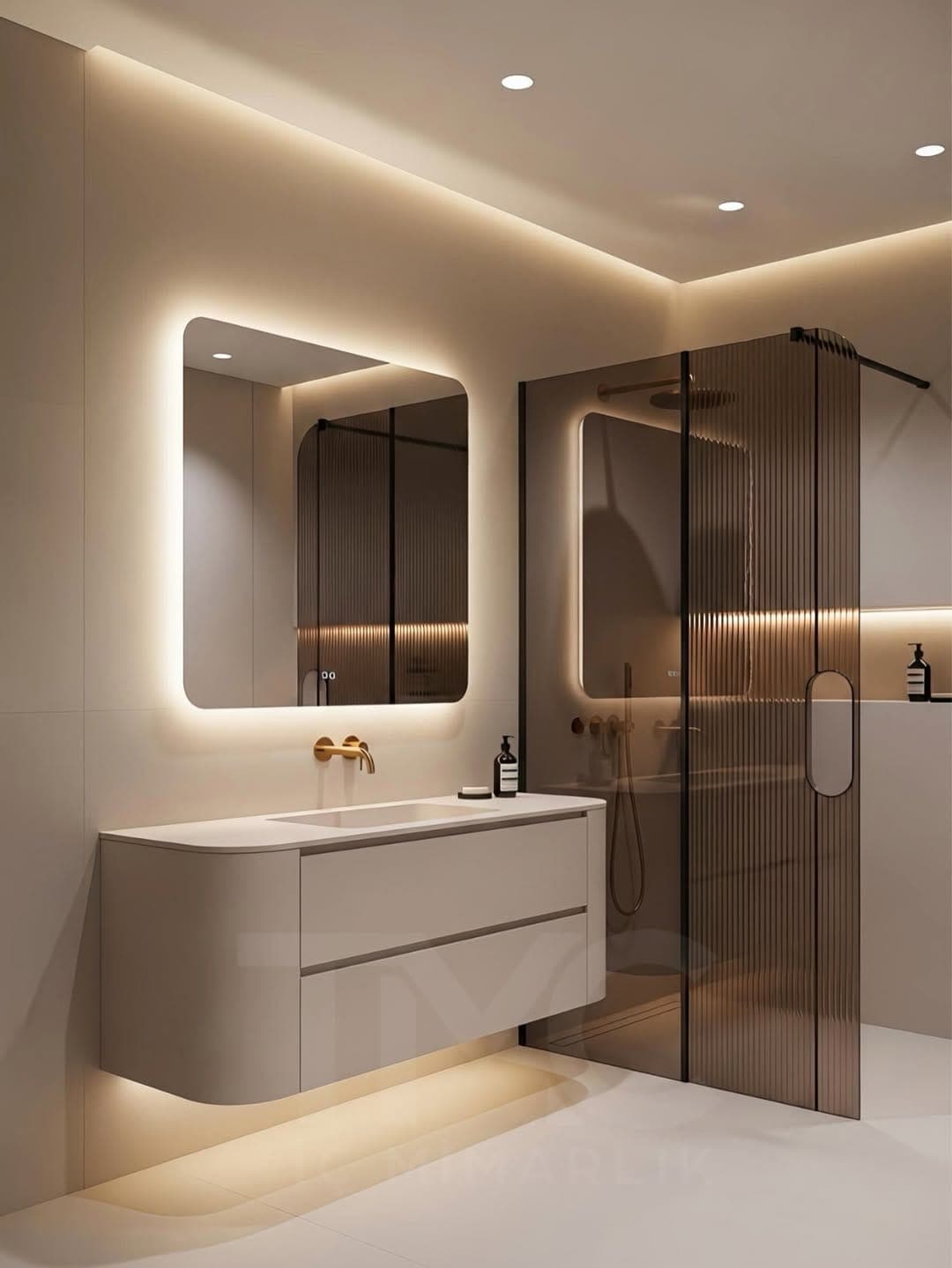 Modern Banyo Tasarımı | Oval LED Ayna, Nervür Cam ve Soft Bej Tonlar tamamlayıcı mimari detay ve yüzey kaplama kalitesi