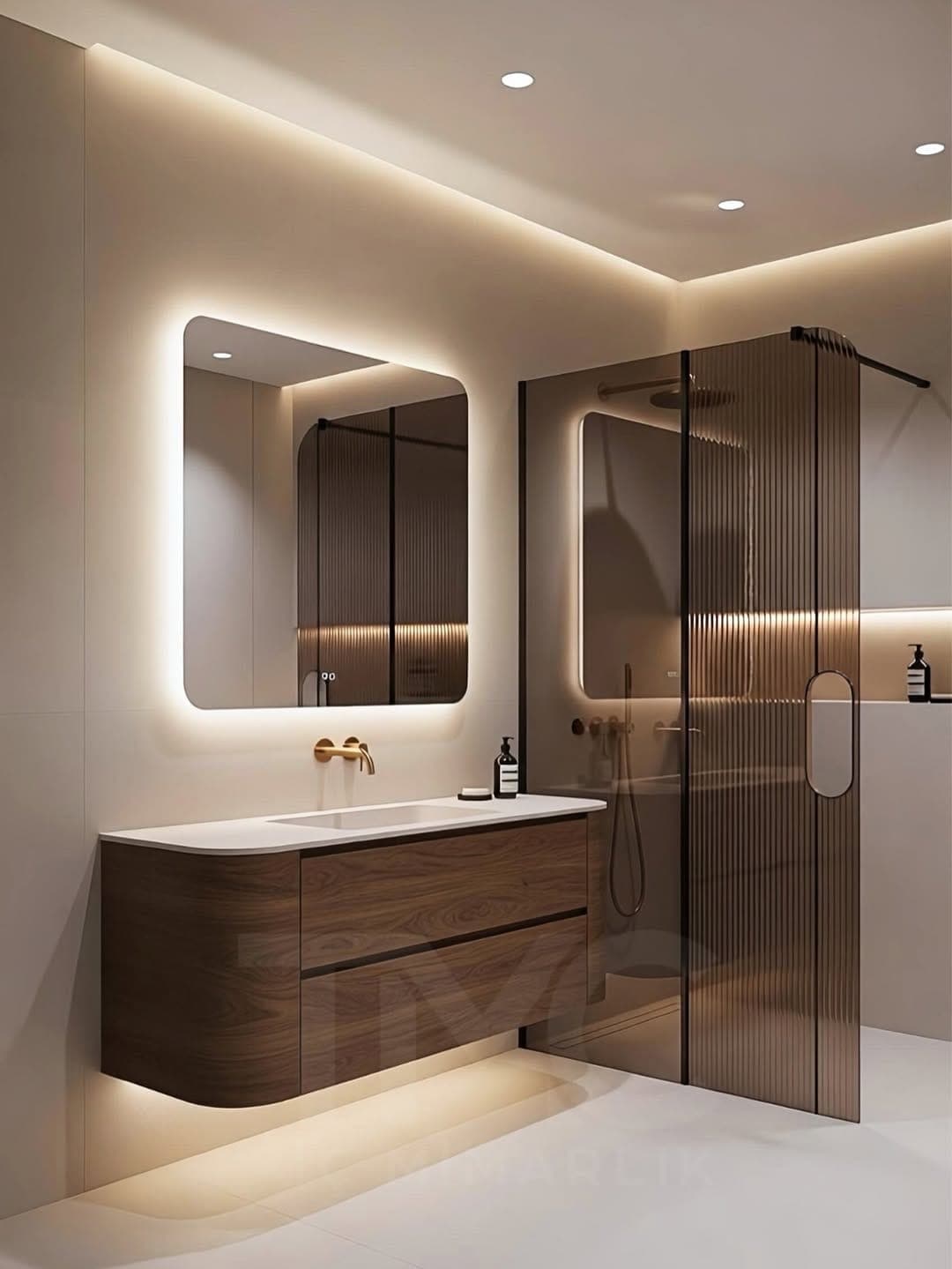 Modern Banyo Tasarımı | Oval LED Ayna, Nervür Cam ve Soft Bej Tonlar iç mekân yerleşimi ve özel üretim lake işçiliği