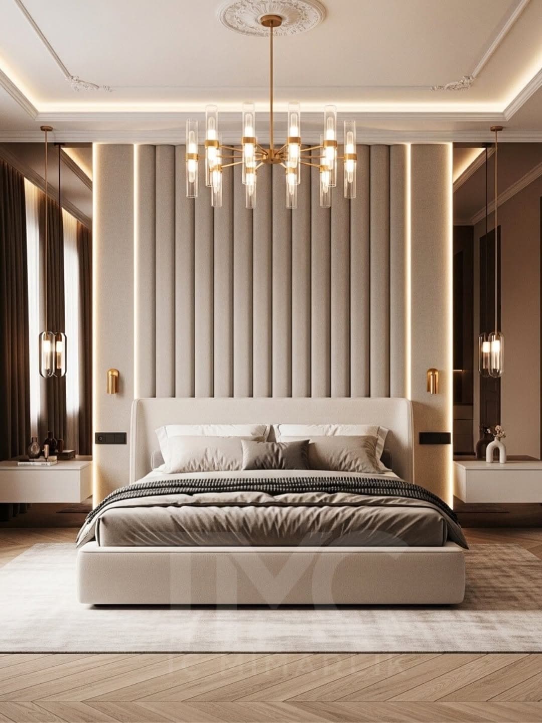 Modern Klasik Yatak Odası Tasarımı | Vizon Tonlar ve Gold Detaylı Lüks İç Mimari iç mekân yerleşimi ve özel üretim lake işçiliği