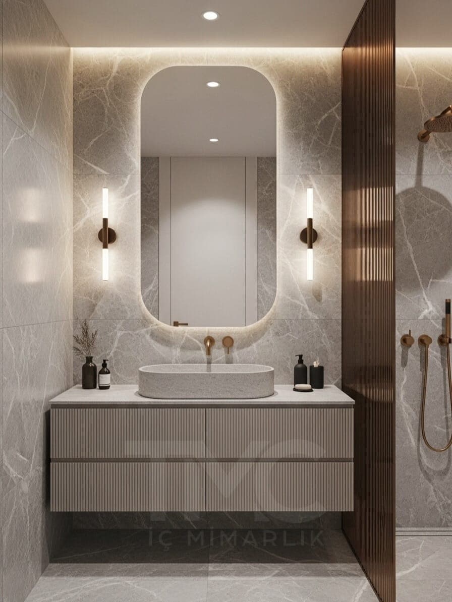Modern Banyo Tasarımı tamamlayıcı mimari detay ve yüzey kaplama kalitesi