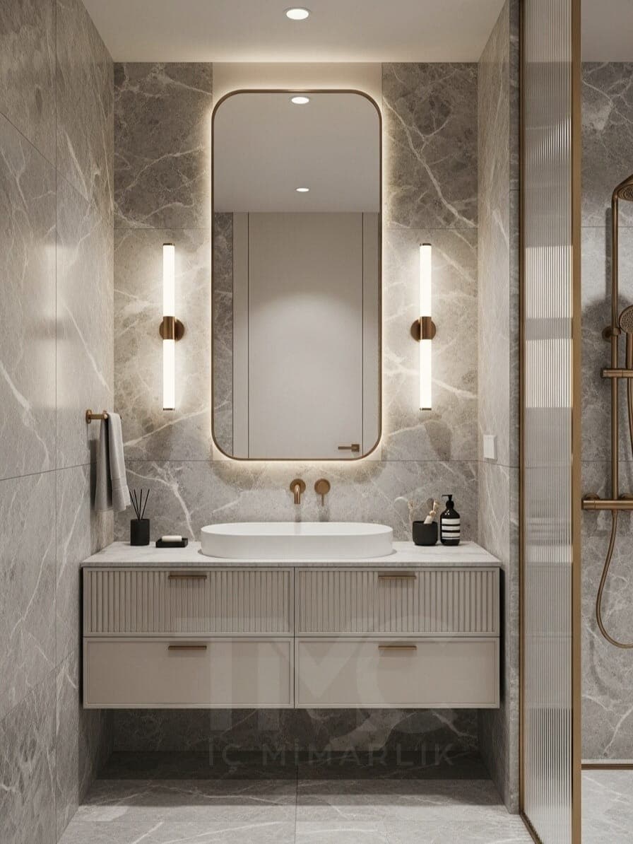 Modern Banyo Tasarımı doğal ahşap dokusu, kaplama ve hassas birleşim noktaları