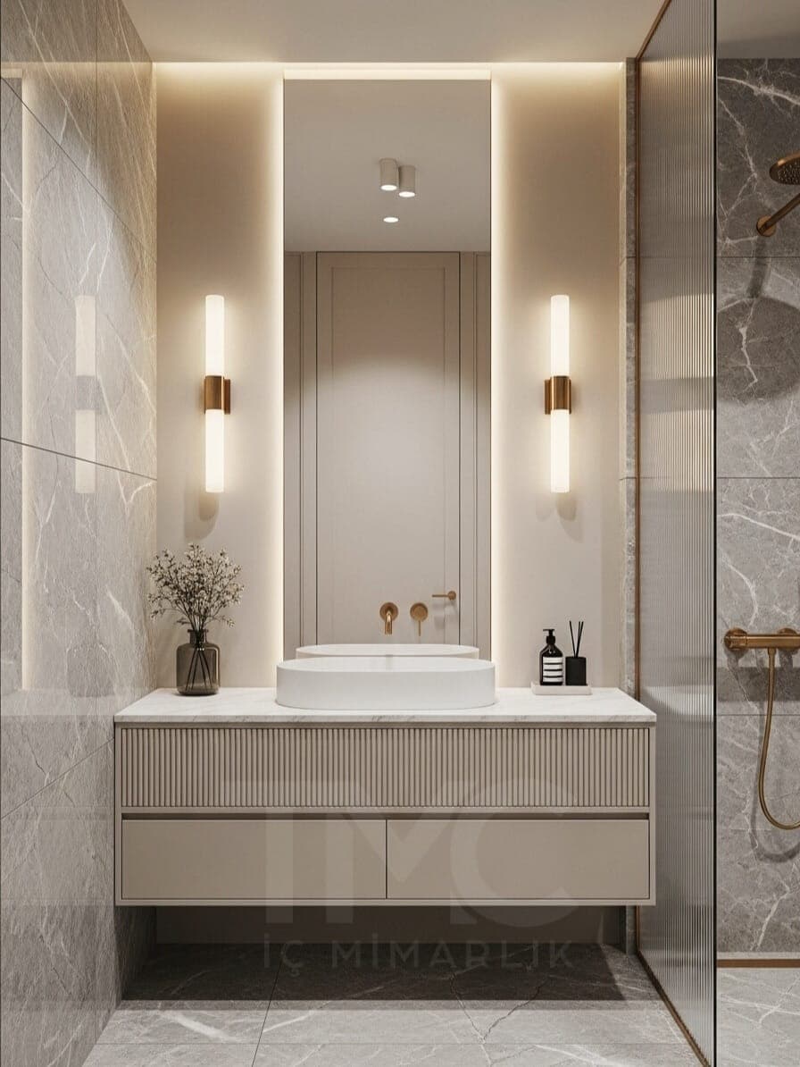 Modern Banyo Tasarımı gizli LED aydınlatma detayları ve depolama bölmeleri