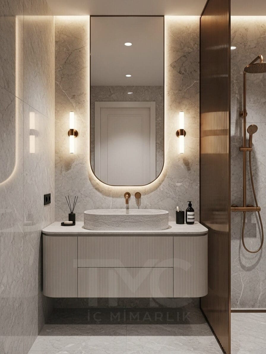 Modern Banyo Tasarımı iç mekân yerleşimi ve özel üretim lake işçiliği