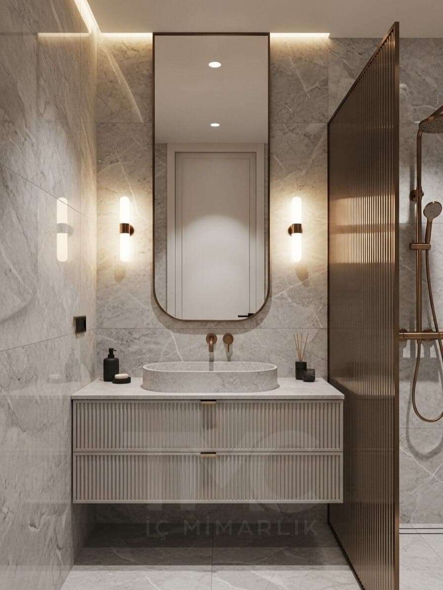 Modern Banyo Tasarımı genel mimari perspektifi ve ana mobilya görünümü