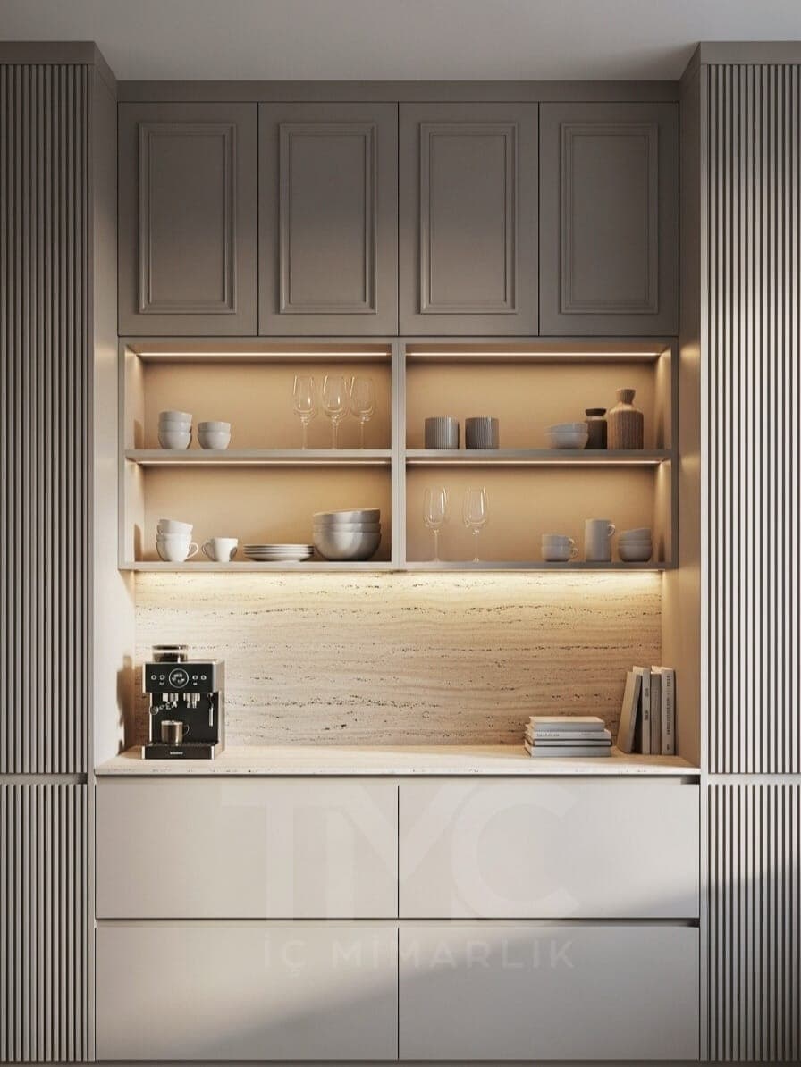 Modern Coffee Corner Tasarımı gizli LED aydınlatma detayları ve depolama bölmeleri