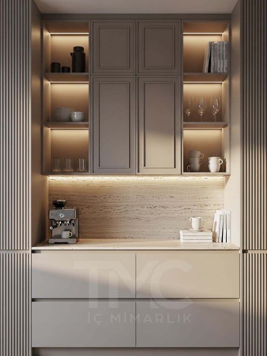 Modern Coffee Corner Tasarımı doğal ahşap dokusu, kaplama ve hassas birleşim noktaları