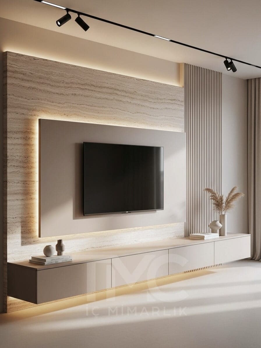 MODERN TV ÜNİTESİ TASARIMI gizli LED aydınlatma detayları ve depolama bölmeleri
