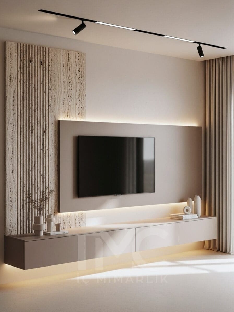 MODERN TV ÜNİTESİ TASARIMI doğal ahşap dokusu, kaplama ve hassas birleşim noktaları