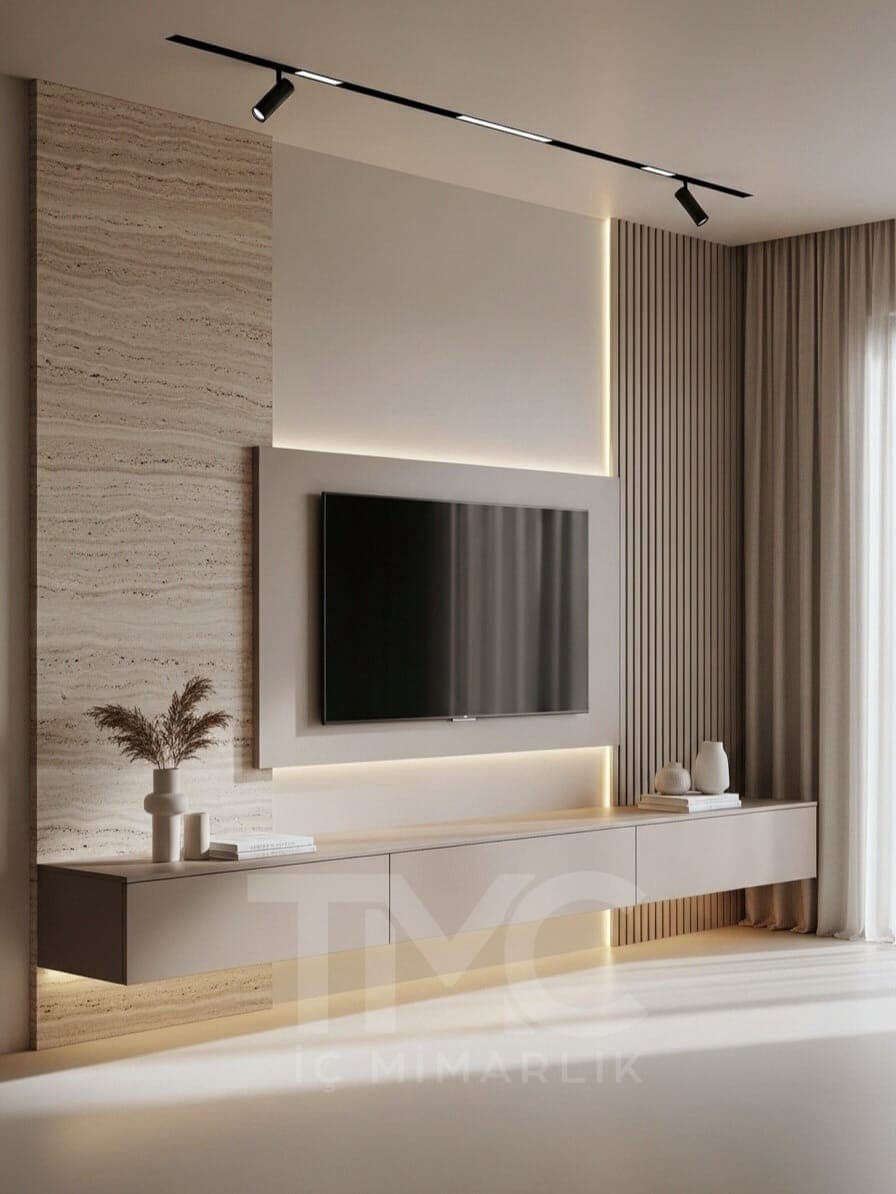 MODERN TV ÜNİTESİ TASARIMI fonksiyonel kullanım ergonomisi ve mimari detay görünümü