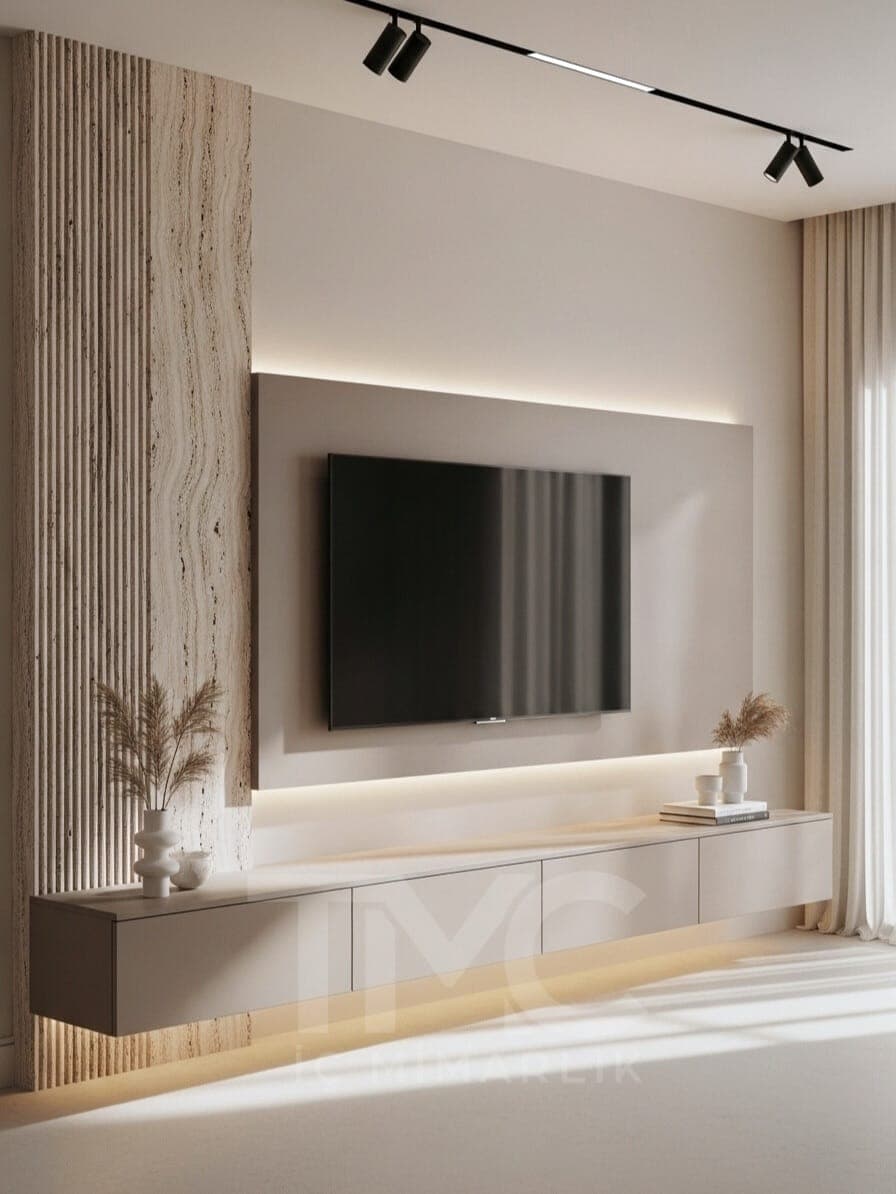 MODERN TV ÜNİTESİ TASARIMI iç mekân yerleşimi ve özel üretim lake işçiliği