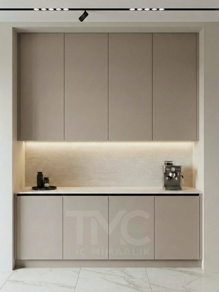 Zen Loft Kitchen | Özel Tasarım Mutfak ve Kahve Köşesi gizli LED aydınlatma detayları ve depolama bölmeleri
