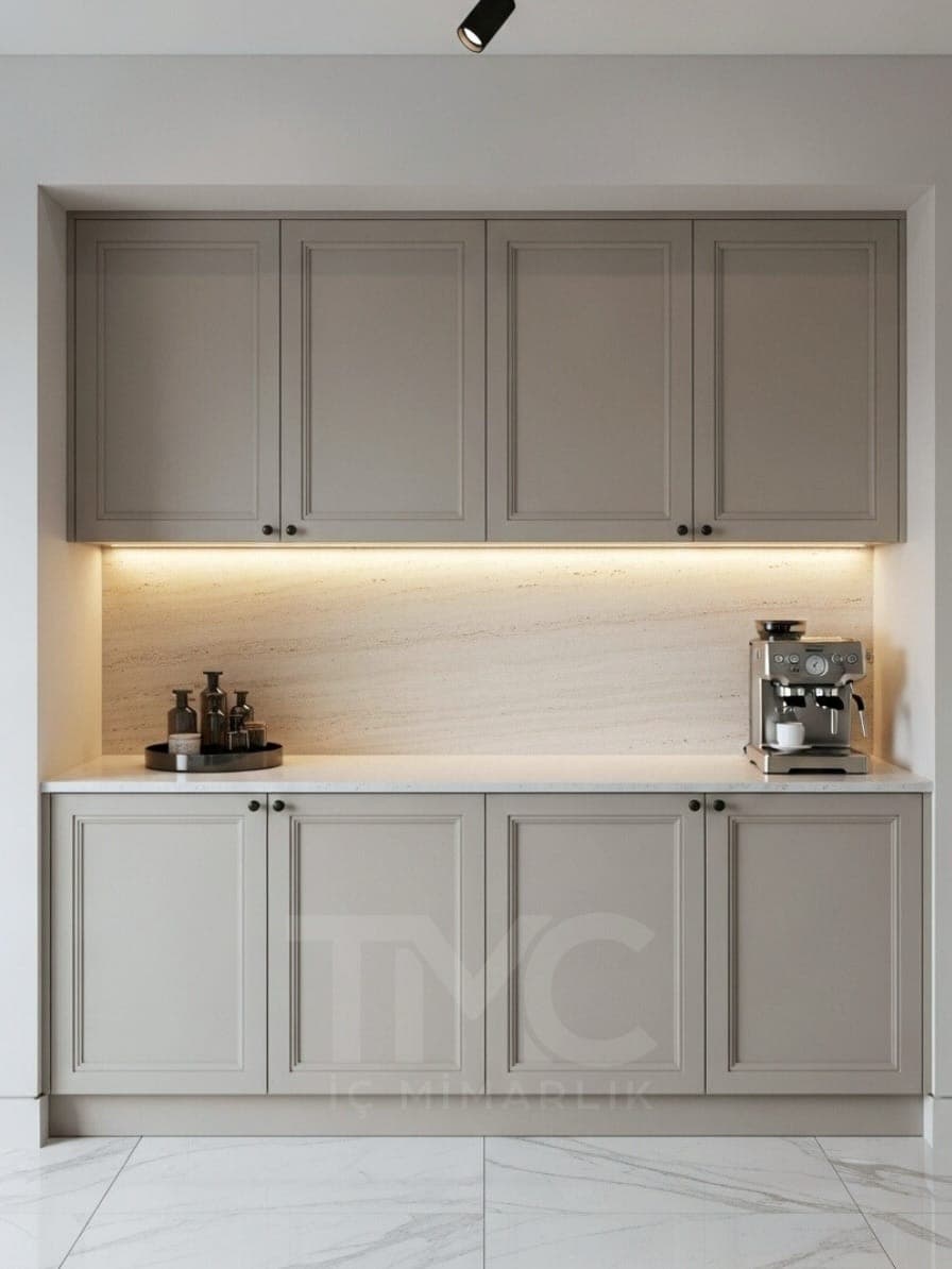 Zen Loft Kitchen | Özel Tasarım Mutfak ve Kahve Köşesi doğal ahşap dokusu, kaplama ve hassas birleşim noktaları