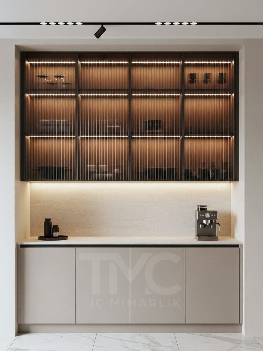 Zen Loft Kitchen | Özel Tasarım Mutfak ve Kahve Köşesi genel mimari perspektifi ve ana mobilya görünümü
