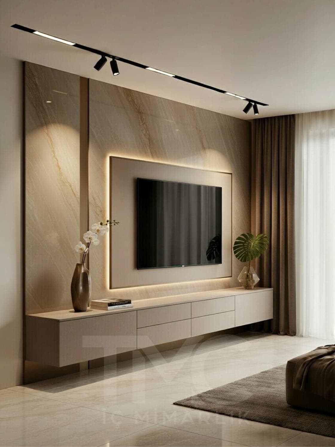 Modern TV Ünitesi Tasarımı gizli LED aydınlatma detayları ve depolama bölmeleri