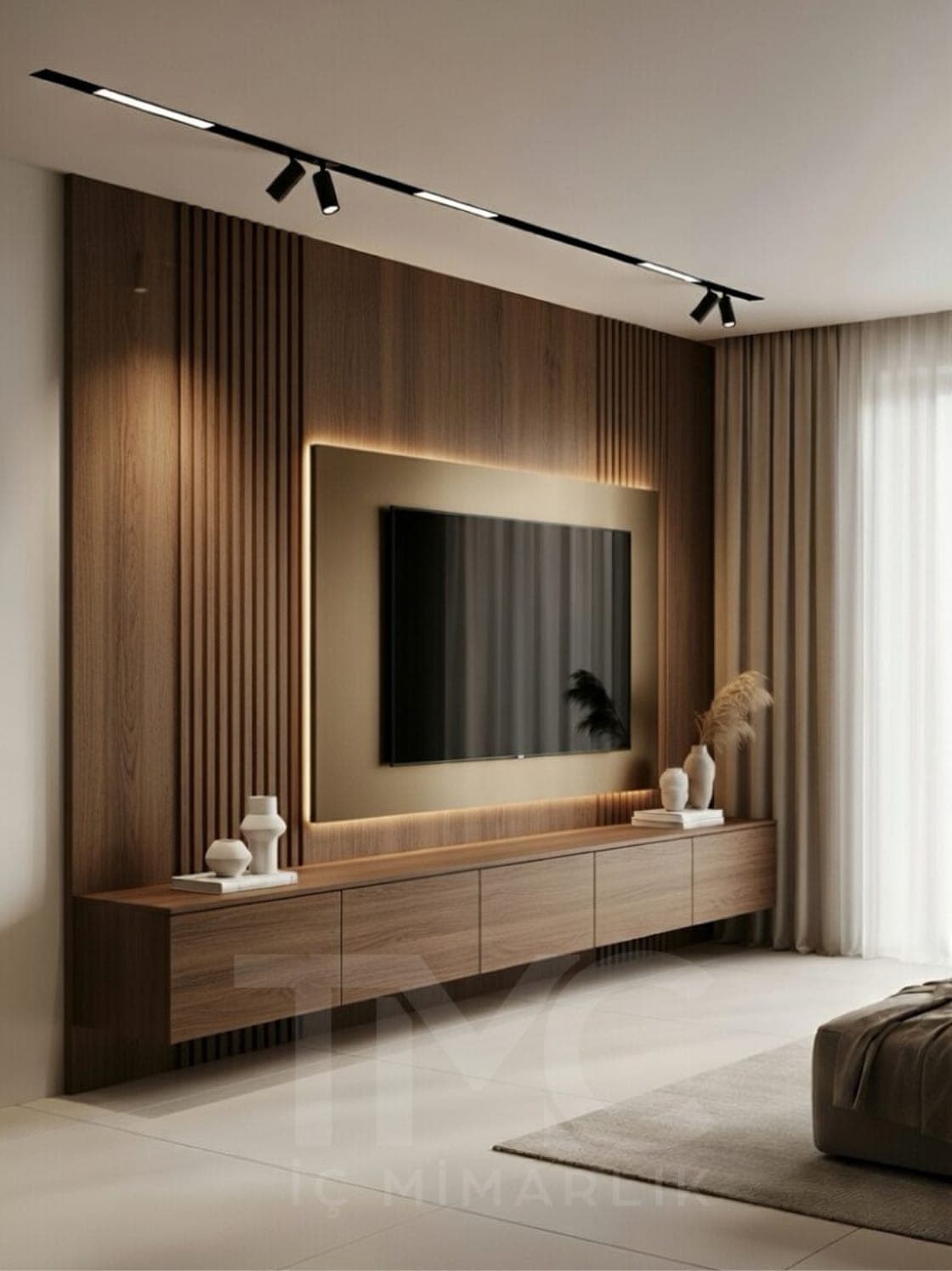 Modern TV Ünitesi Tasarımı iç mekân yerleşimi ve özel üretim lake işçiliği