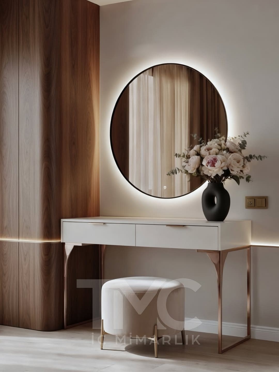 Velora House – Makyaj Alanı Tasarımı iç mekân yerleşimi ve özel üretim lake işçiliği
