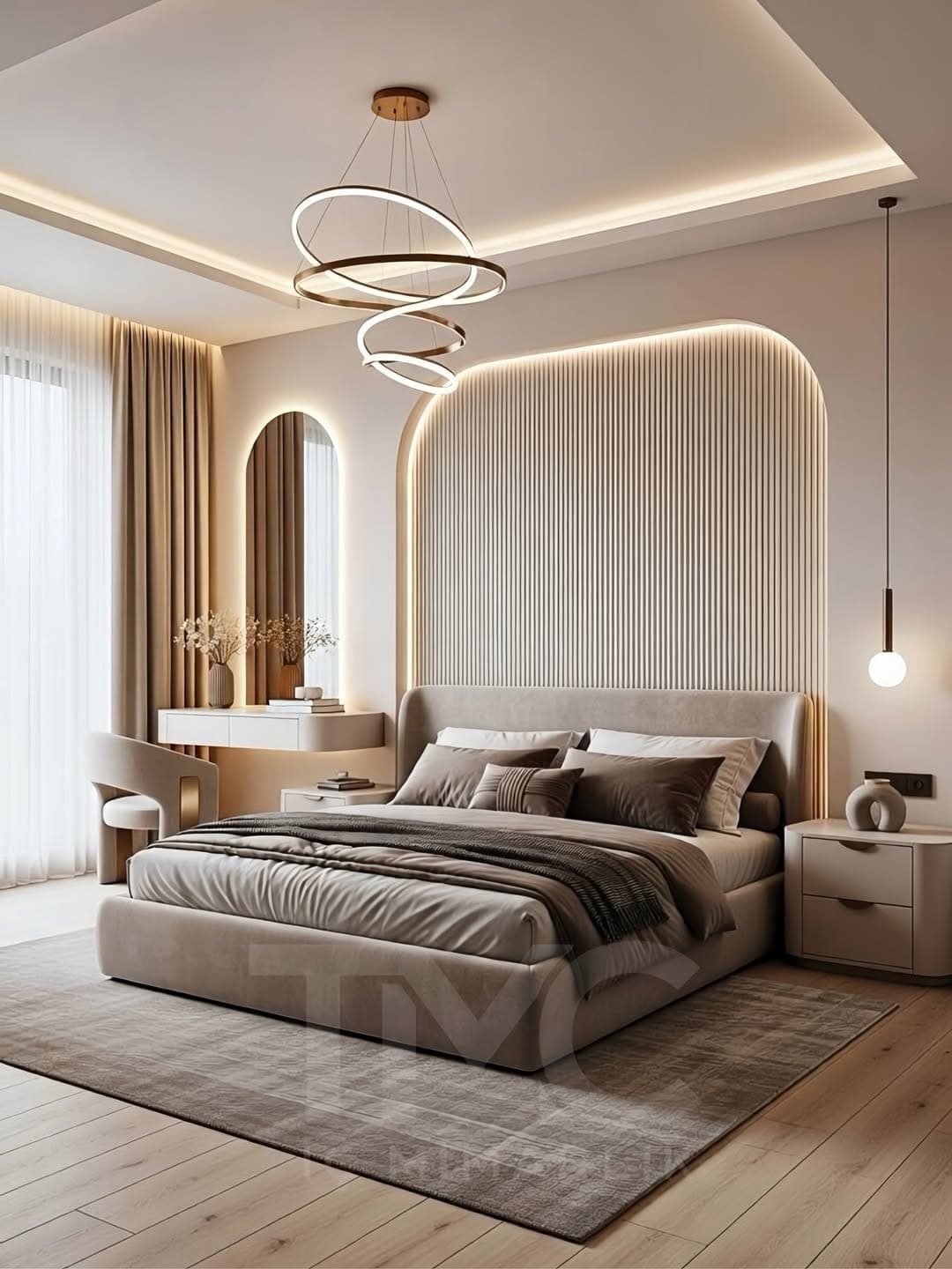 Lora Residence – Yatak Odası Tasarımı | Ayşe & Mehmet Çifti genel mimari perspektifi ve ana mobilya görünümü