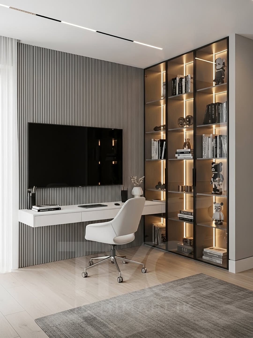 Modern Çalışma Alanı Tasarımı | Bronz Cam Detaylı Home Office genel mimari perspektifi ve ana mobilya görünümü