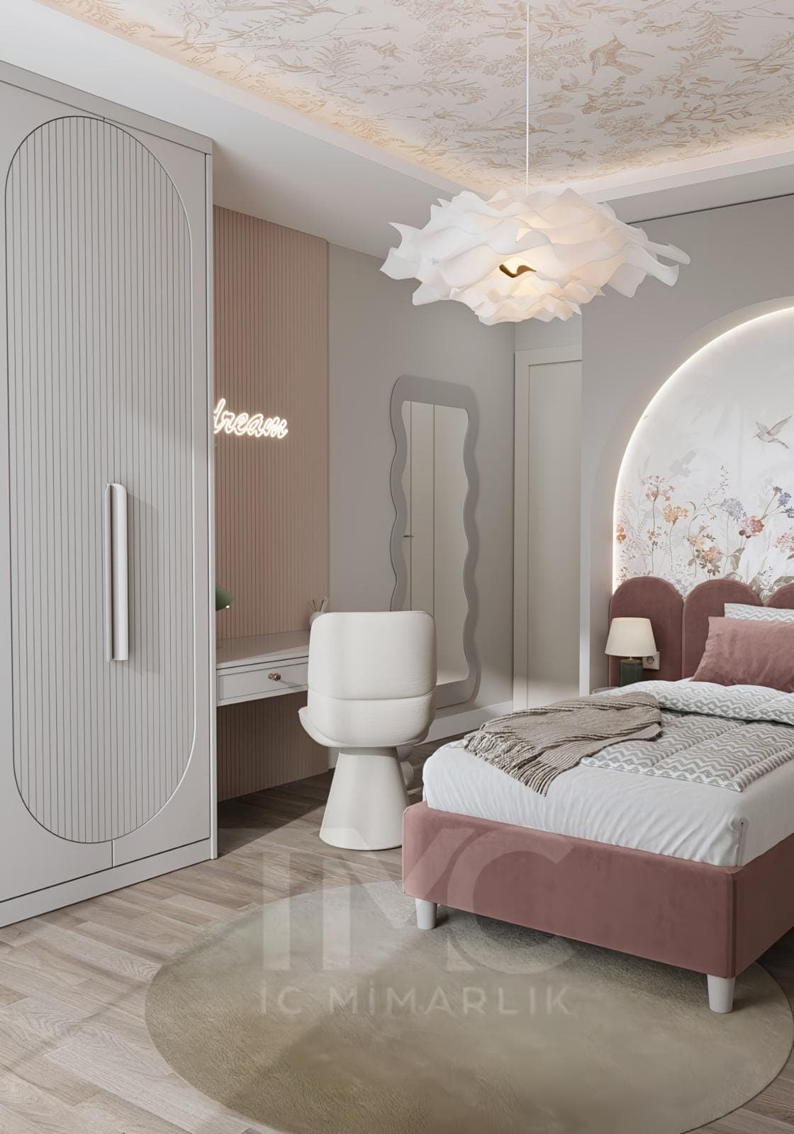 Genç Odası Tasarımı – Luna Dream House geniş açı mekânsal organizasyon ve estetik bitiş