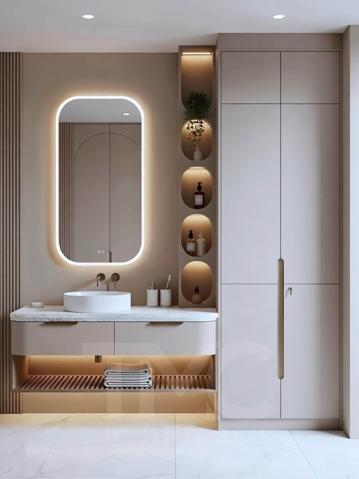 Modern Banyo Dolabı Tasarımı – Tavana Kadar Depolama ve LED Niş Detayları tamamlayıcı mimari detay ve yüzey kaplama kalitesi