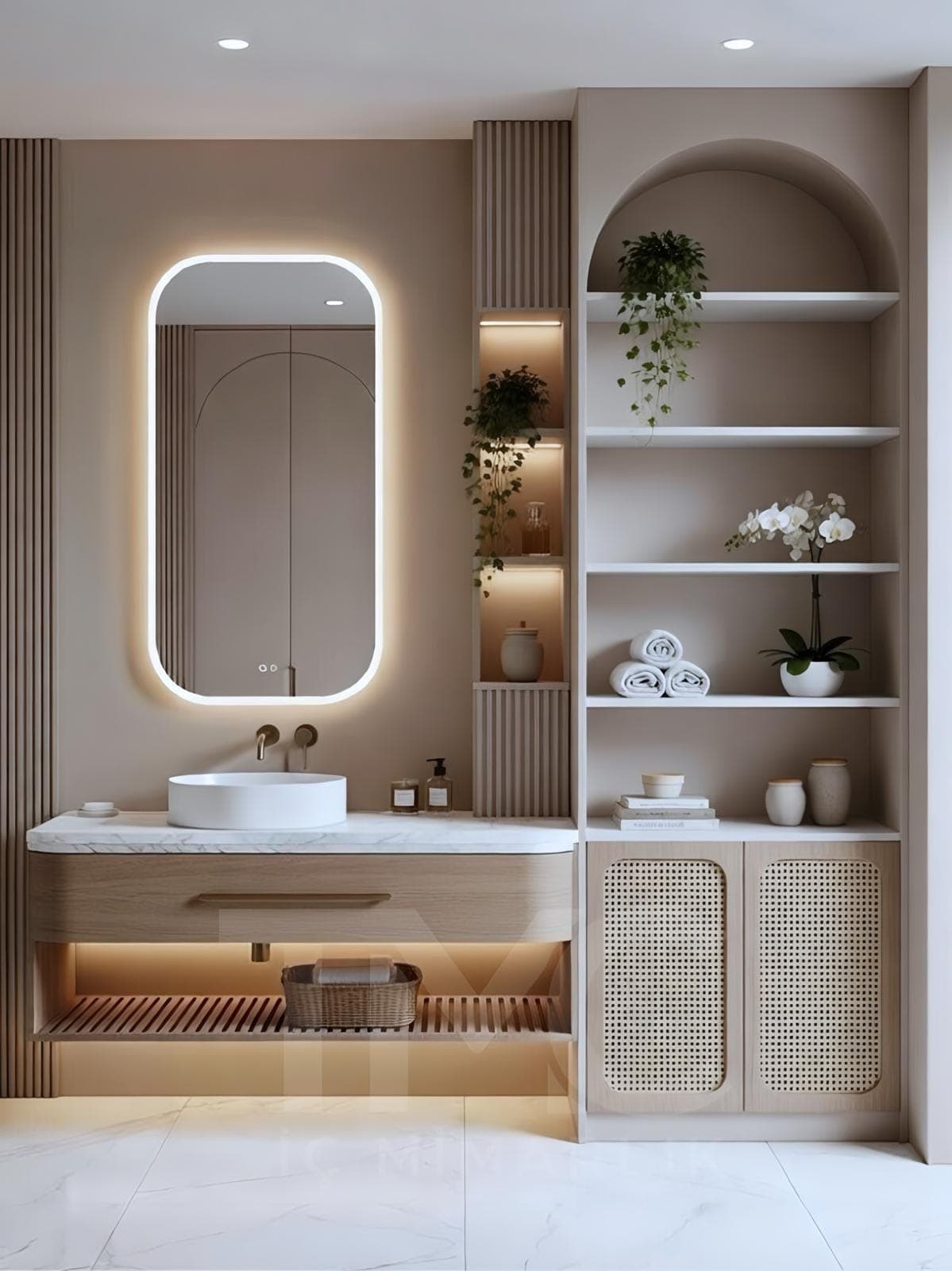 Modern Banyo Dolabı Tasarımı – Tavana Kadar Depolama ve LED Niş Detayları geniş açı mekânsal organizasyon ve estetik bitiş