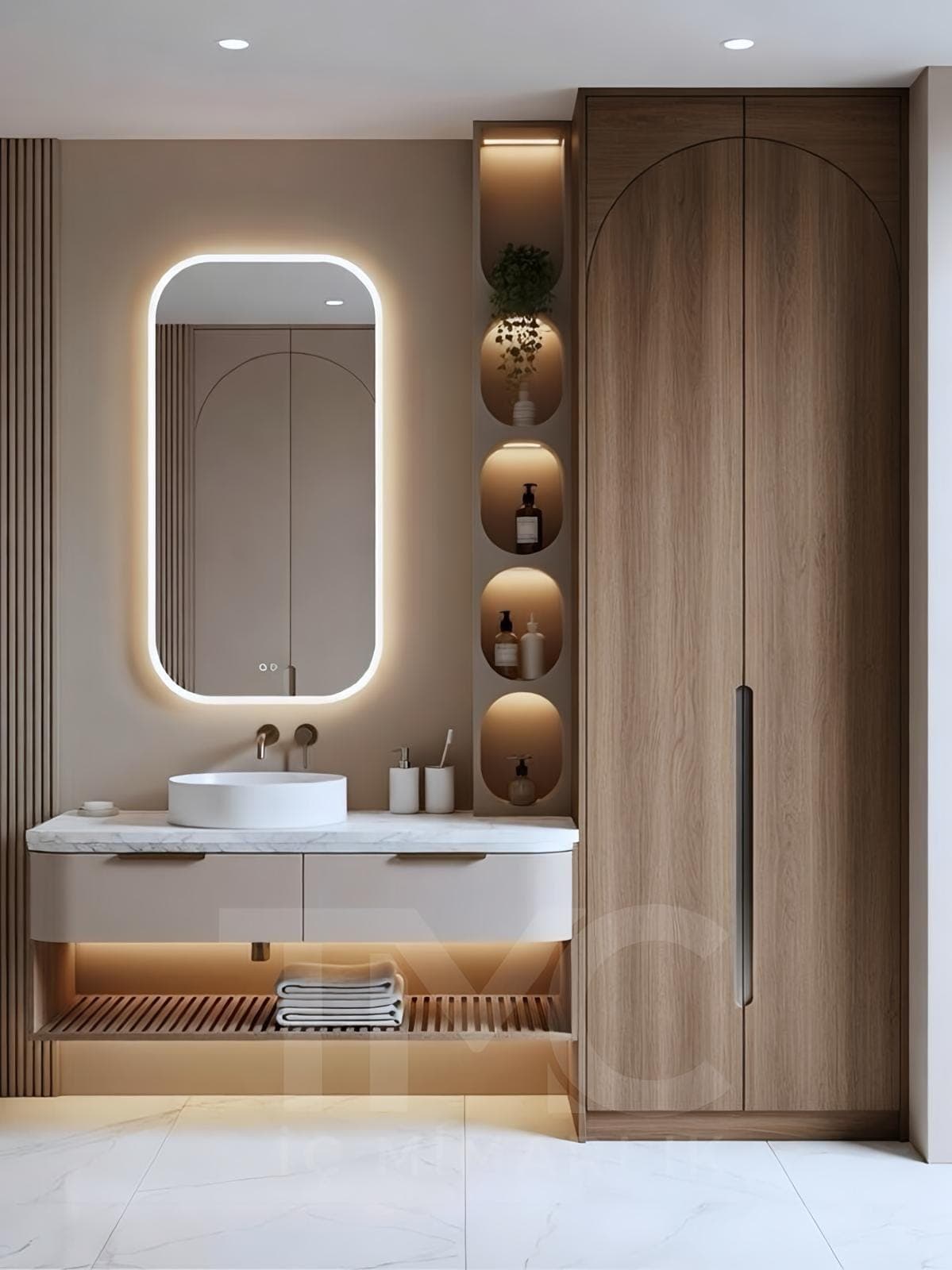 Modern Banyo Dolabı Tasarımı – Tavana Kadar Depolama ve LED Niş Detayları iç mekân yerleşimi ve özel üretim lake işçiliği