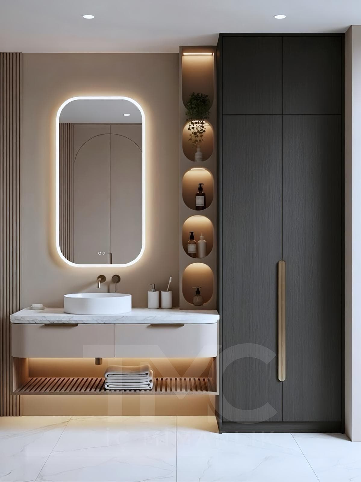 Modern Banyo Dolabı Tasarımı – Tavana Kadar Depolama ve LED Niş Detayları gizli LED aydınlatma detayları ve depolama bölmeleri