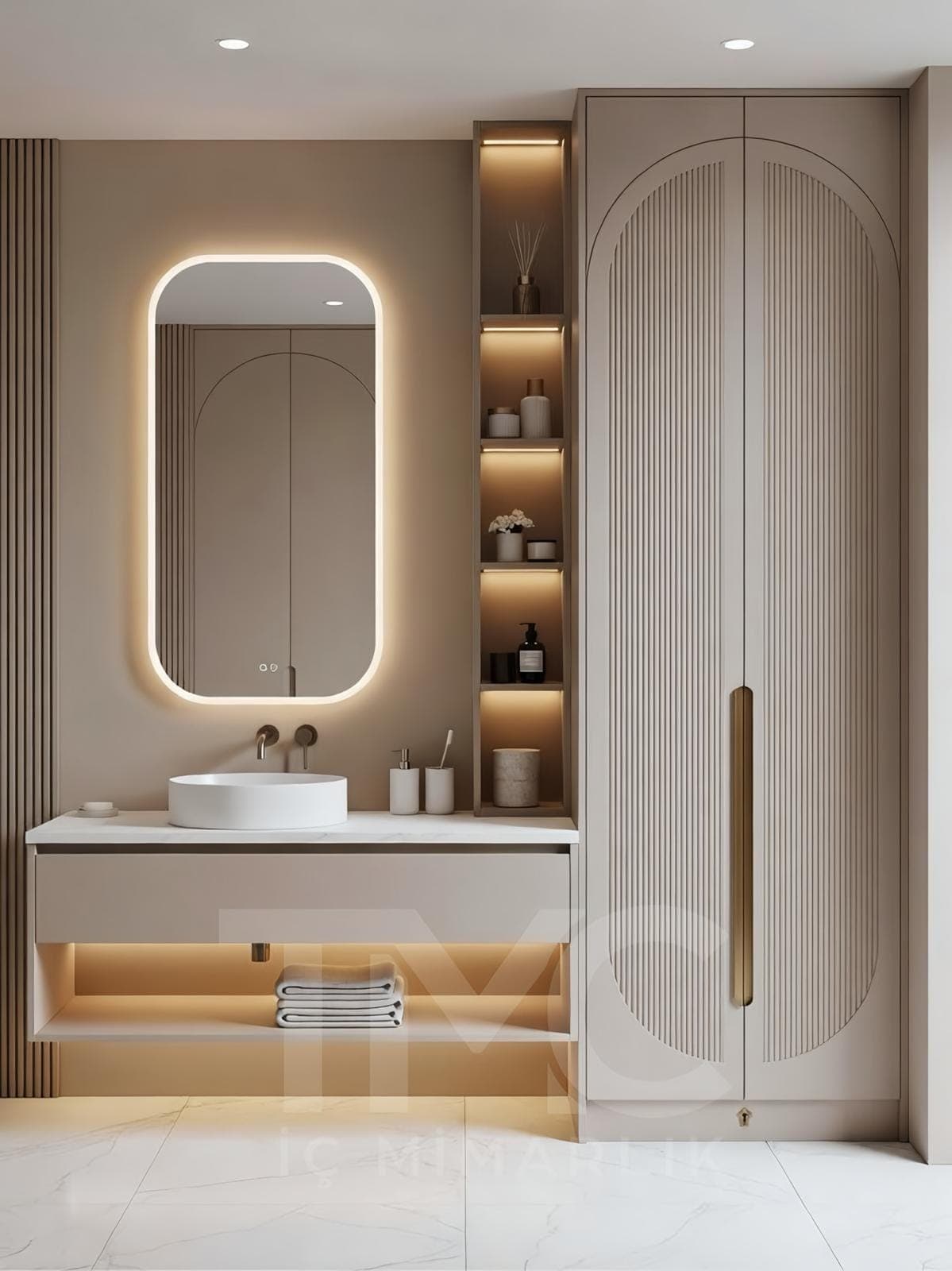 Modern Banyo Dolabı Tasarımı – Tavana Kadar Depolama ve LED Niş Detayları fonksiyonel kullanım ergonomisi ve mimari detay görünümü