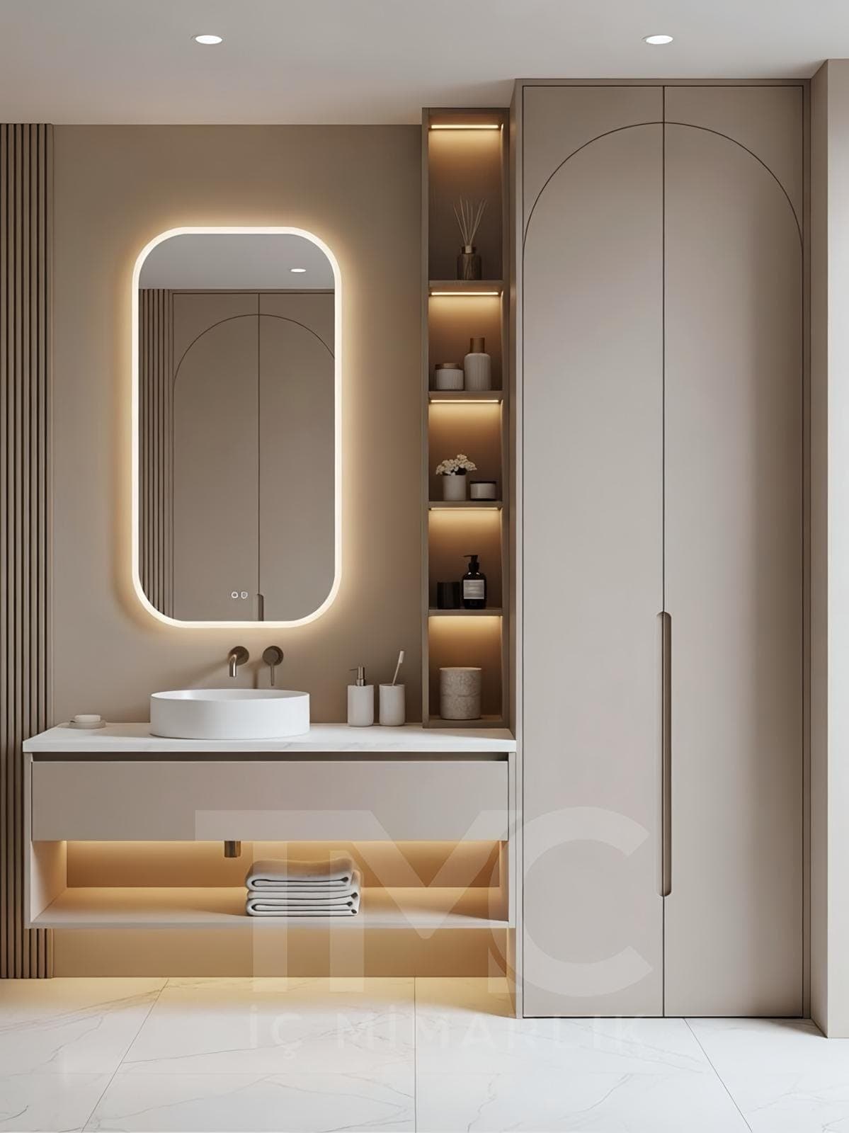 Modern Banyo Dolabı Tasarımı – Tavana Kadar Depolama ve LED Niş Detayları genel mimari perspektifi ve ana mobilya görünümü