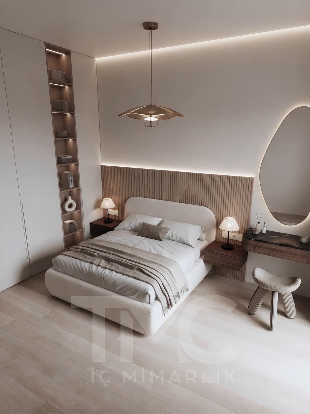 Modern Yatak Odası ve Panel Duvar Tasarımı gizli LED aydınlatma detayları ve depolama bölmeleri