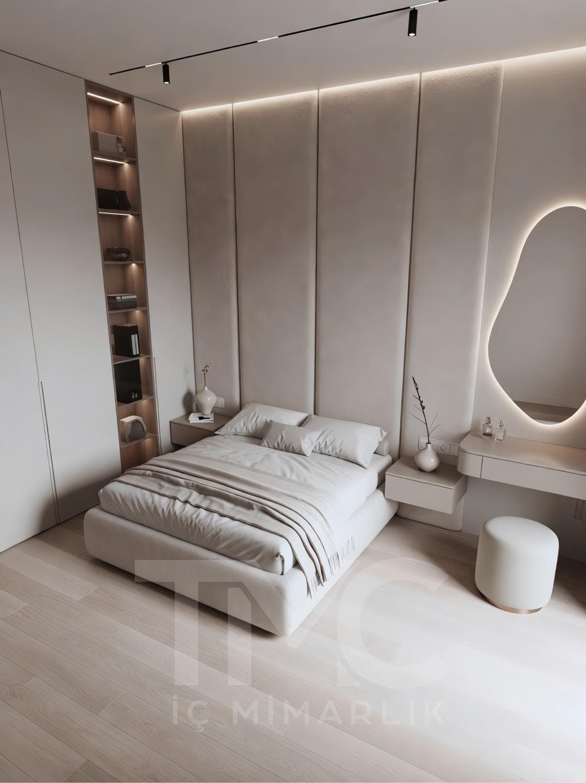 Modern Yatak Odası ve Panel Duvar Tasarımı fonksiyonel kullanım ergonomisi ve mimari detay görünümü
