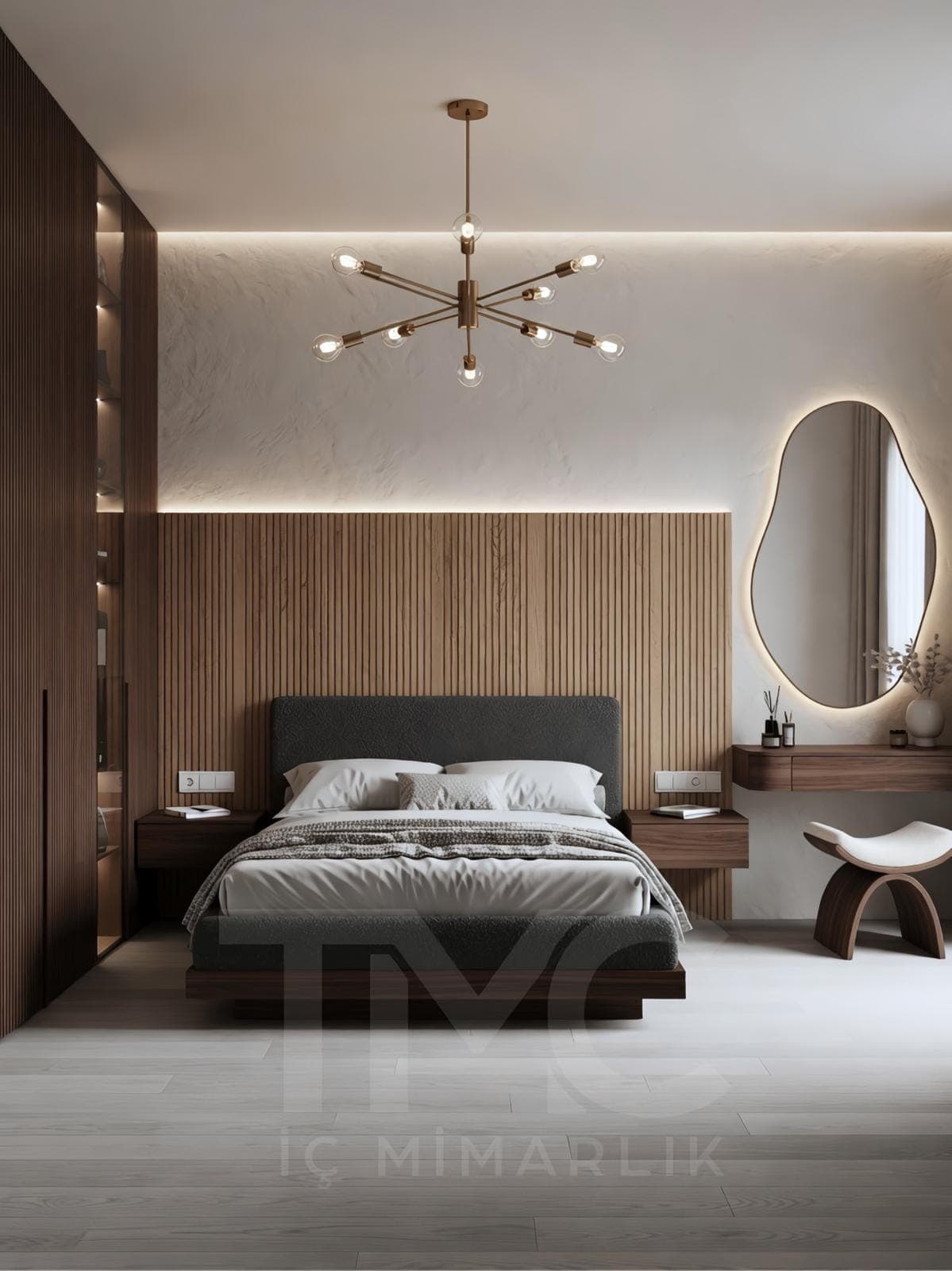 Modern Yatak Odası ve Panel Duvar Tasarımı iç mekân yerleşimi ve özel üretim lake işçiliği
