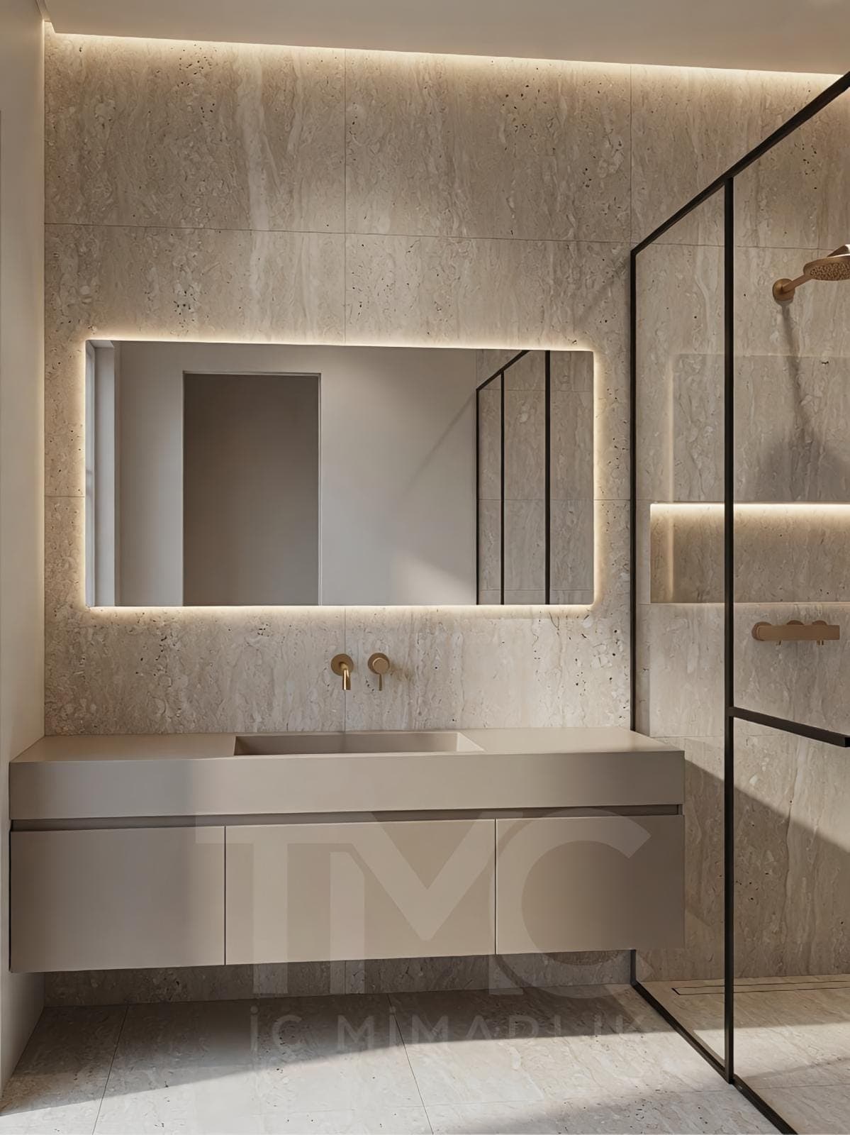 Modern Banyo Tasarımı | Selin & Emre Evi – Kadıköy iç mekân yerleşimi ve özel üretim lake işçiliği