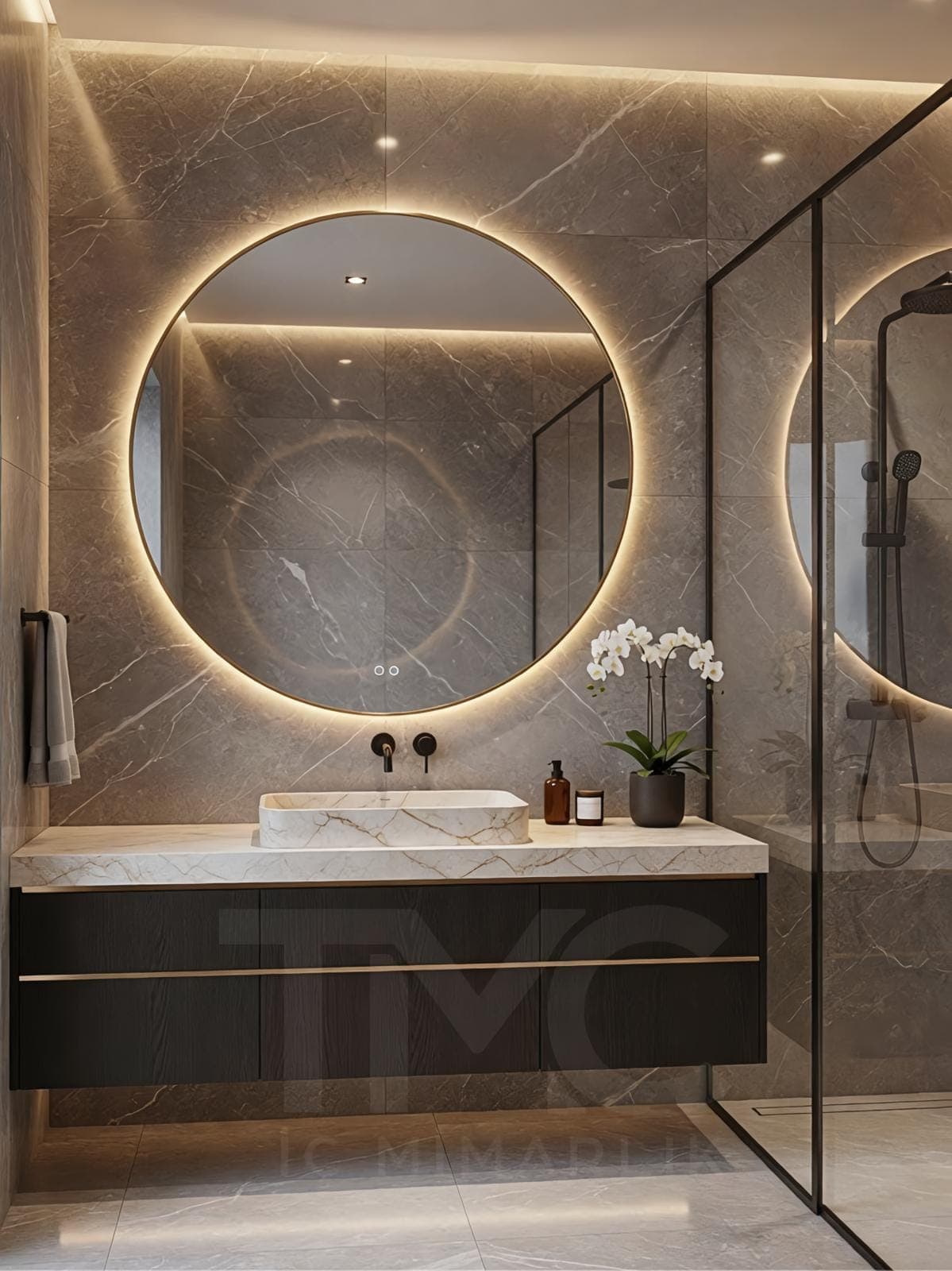 Modern Banyo Tasarımı | Selin & Emre Evi – Kadıköy doğal ahşap dokusu, kaplama ve hassas birleşim noktaları