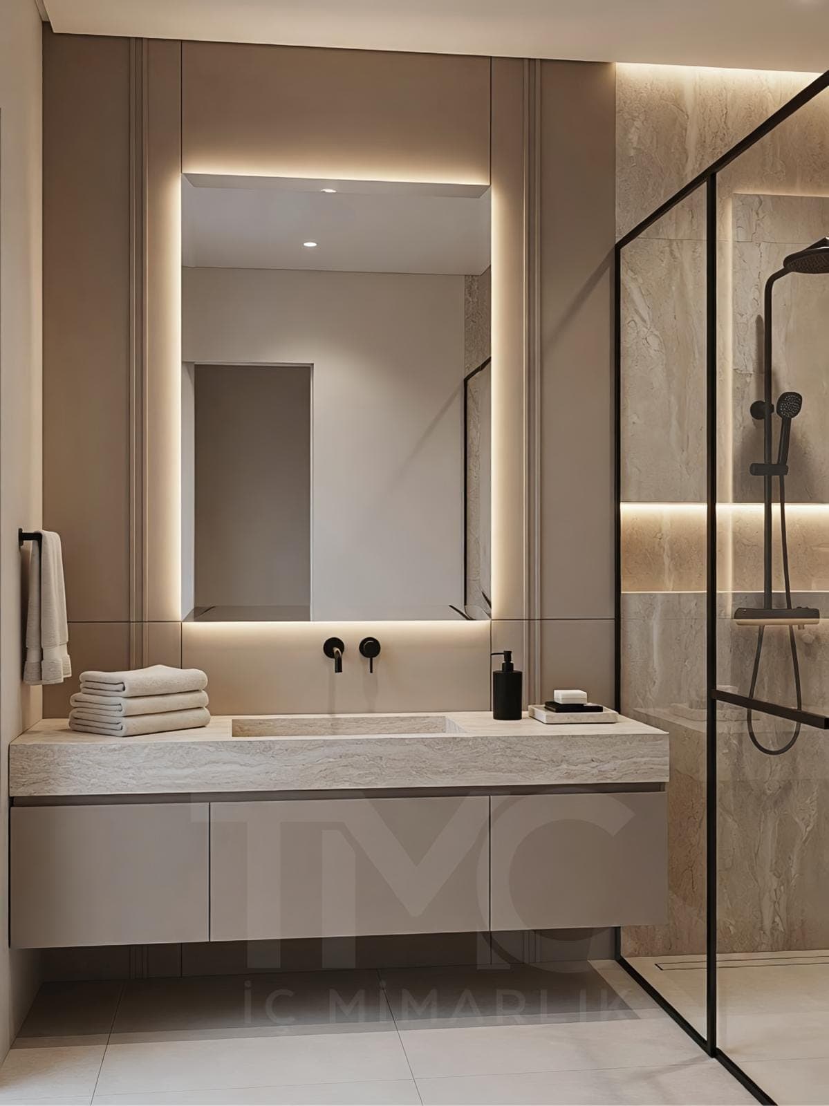 Modern Banyo Tasarımı | Selin & Emre Evi – Kadıköy genel mimari perspektifi ve ana mobilya görünümü
