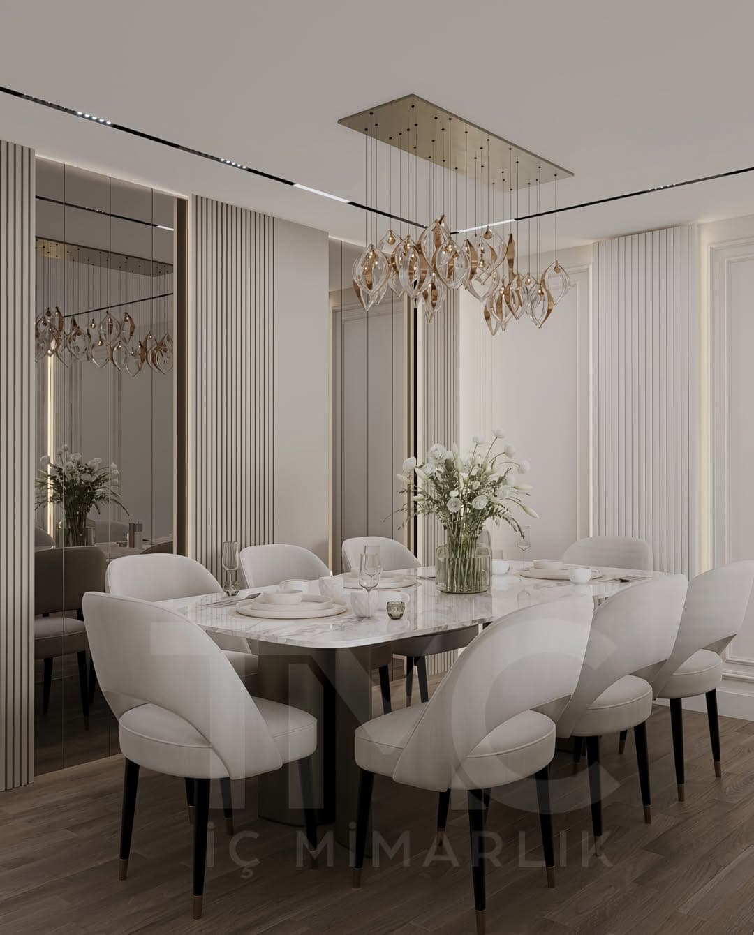 Avrupa Yakası Modern Salon & Yemek Alanı Tasarımı genel mimari perspektifi ve ana mobilya görünümü