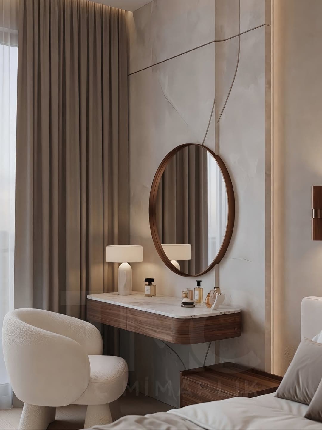 Park Residences Cadde Modern Yatak Odası Tasarımı doğal ahşap dokusu, kaplama ve hassas birleşim noktaları