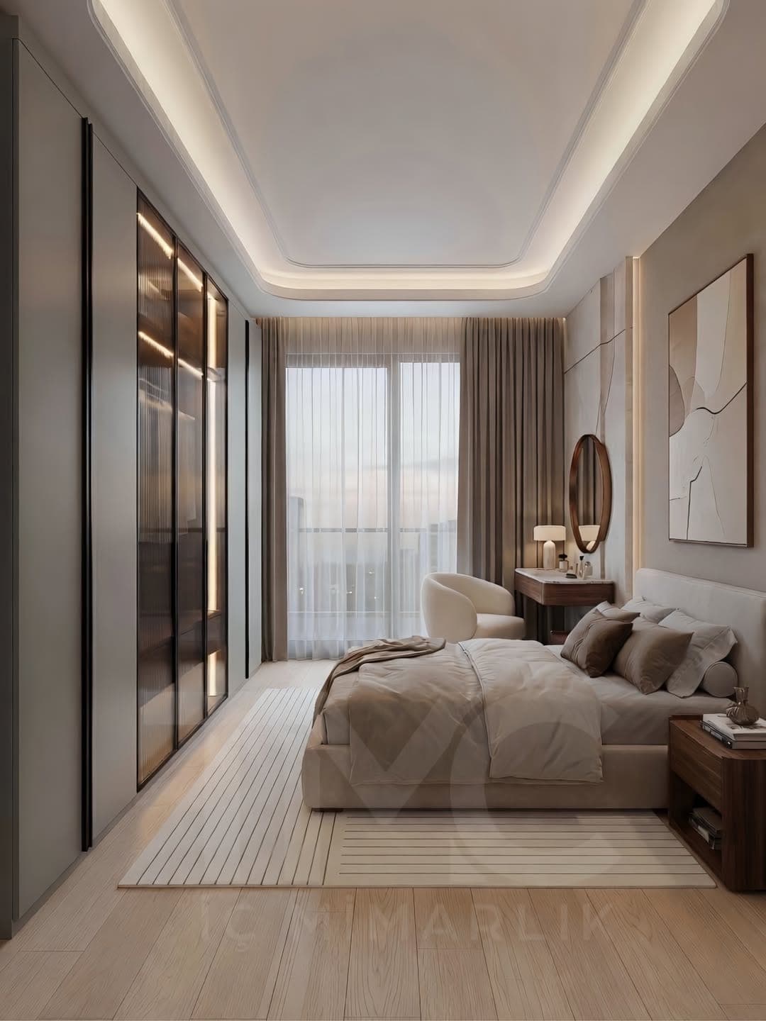 Park Residences Cadde Modern Yatak Odası Tasarımı genel mimari perspektifi ve ana mobilya görünümü
