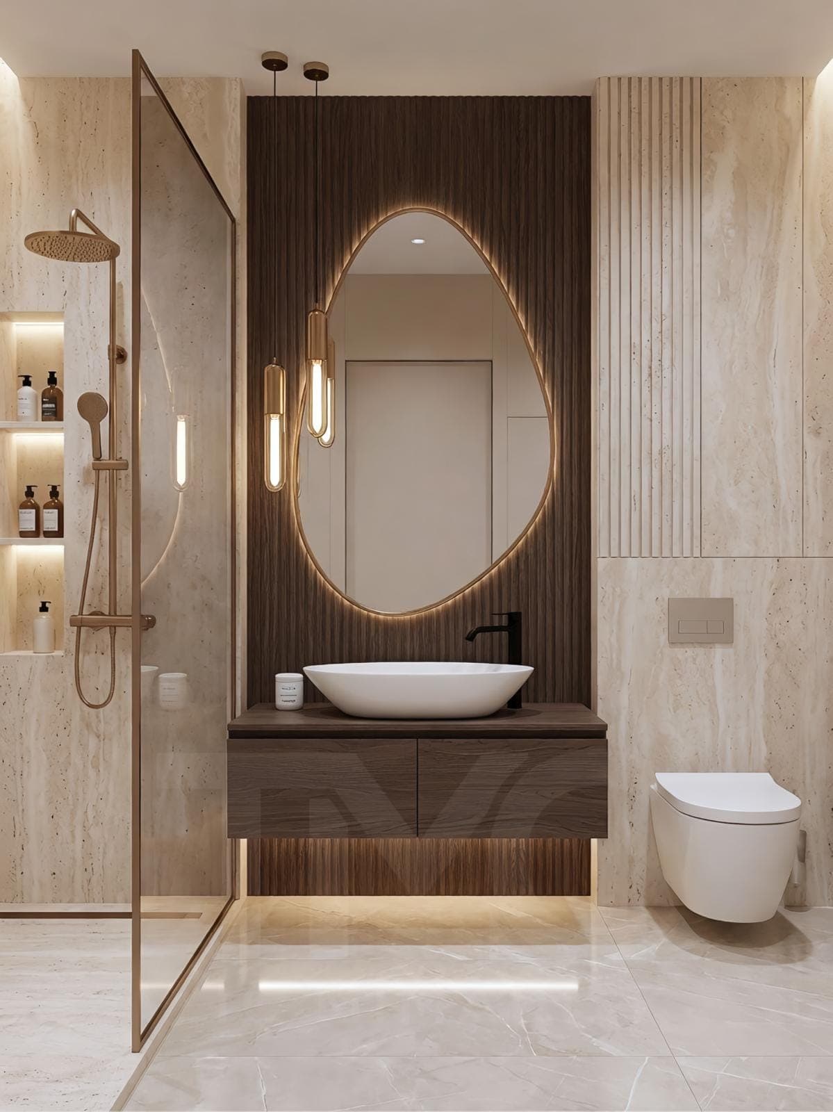 Dünya Şehir Maltepe’de Modern Banyo Tasarımı | Tuğçe & Ali Çifti Projesi iç mekân yerleşimi ve özel üretim lake işçiliği