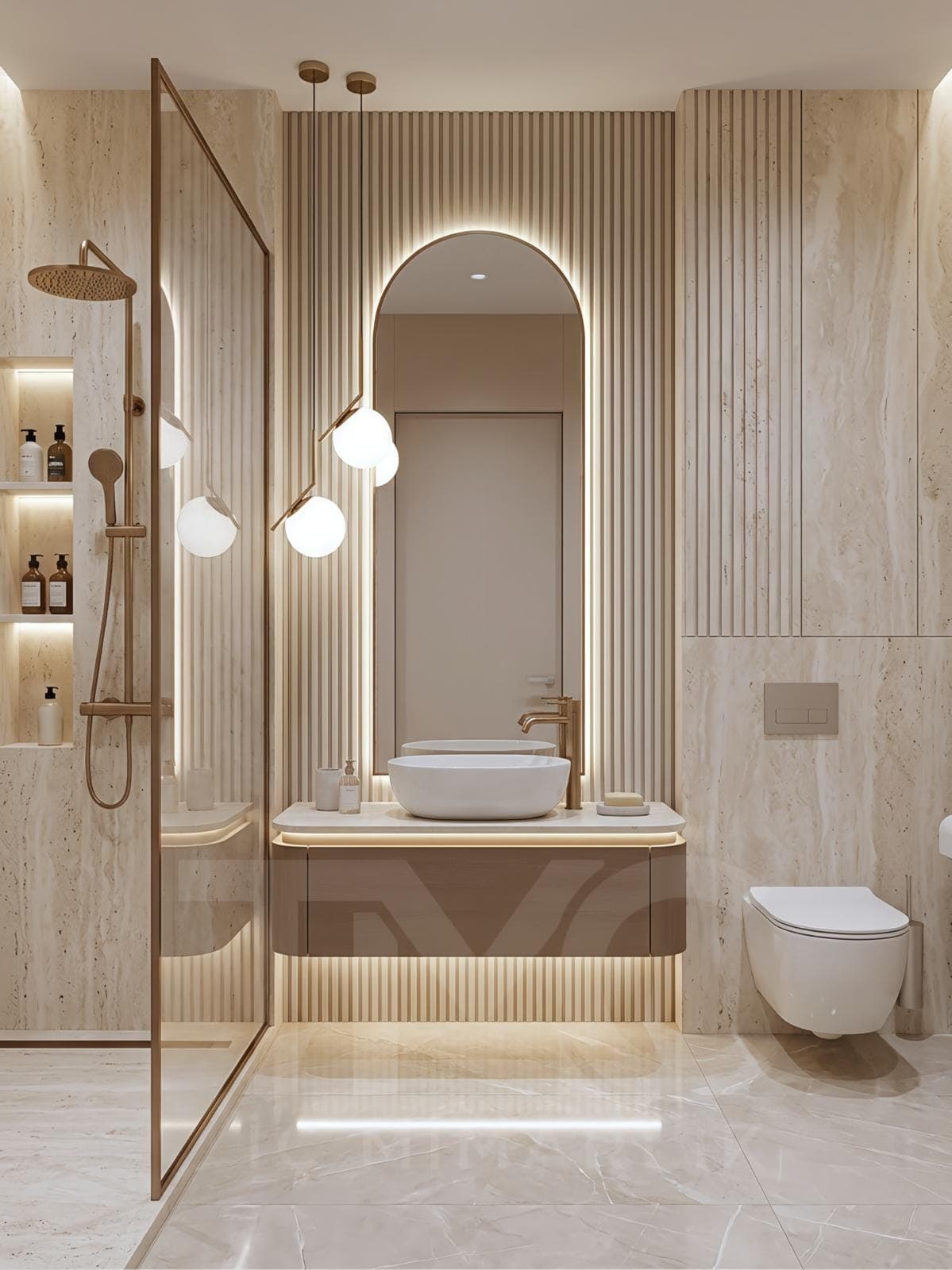 Dünya Şehir Maltepe’de Modern Banyo Tasarımı | Tuğçe & Ali Çifti Projesi gizli LED aydınlatma detayları ve depolama bölmeleri