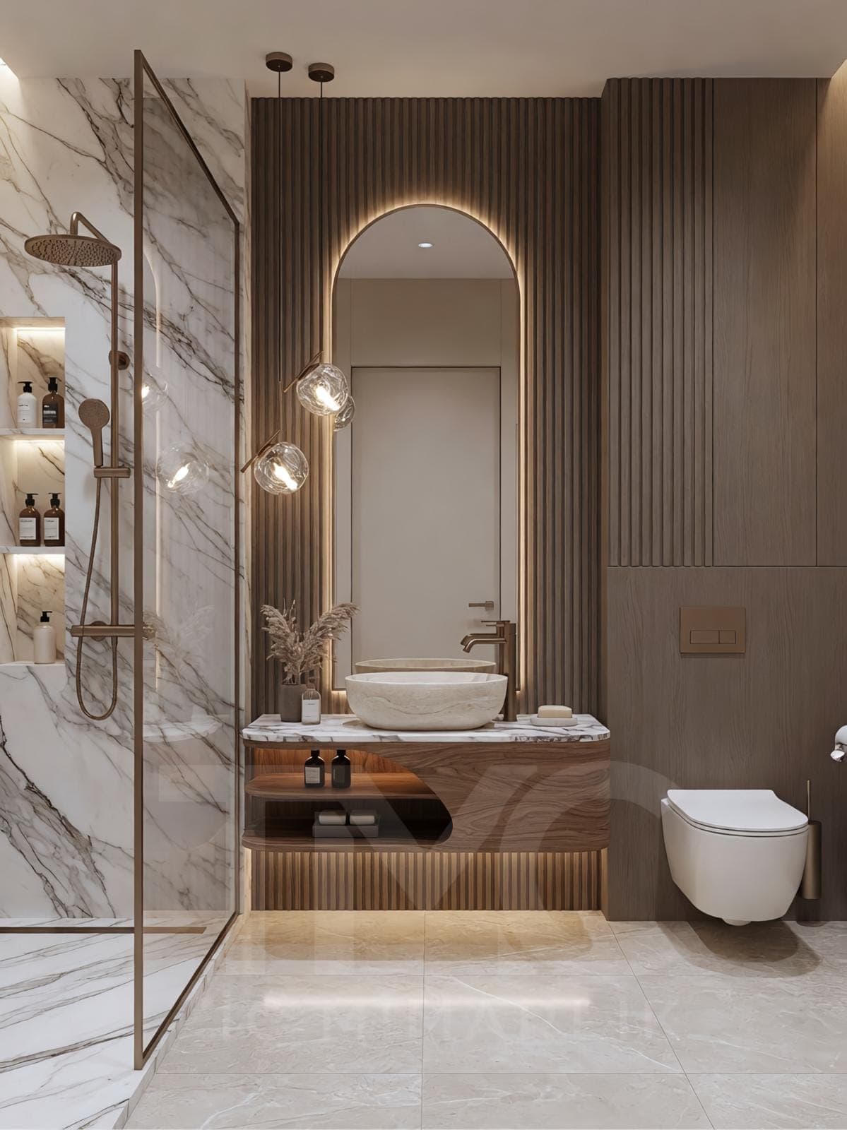 Dünya Şehir Maltepe’de Modern Banyo Tasarımı | Tuğçe & Ali Çifti Projesi doğal ahşap dokusu, kaplama ve hassas birleşim noktaları