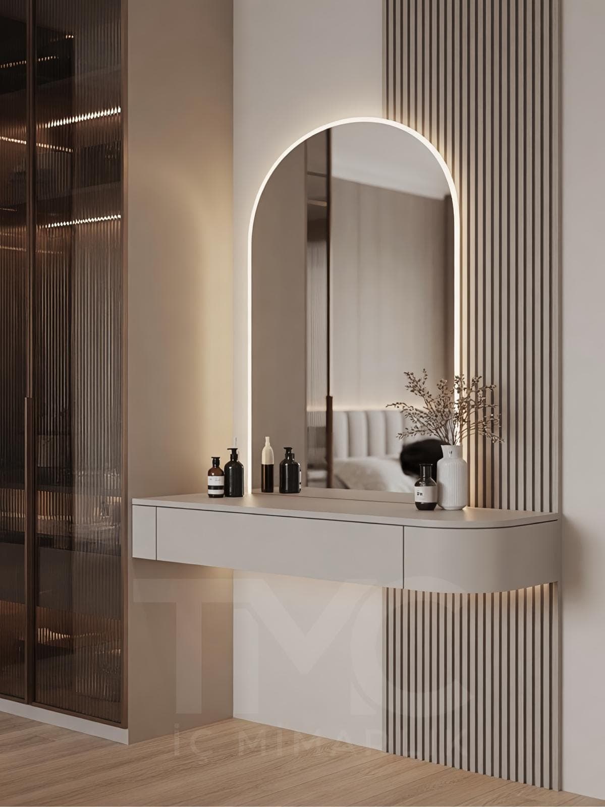 Bomonti Rotana Residence Emir Bey Yatak Odası Projesi gizli LED aydınlatma detayları ve depolama bölmeleri