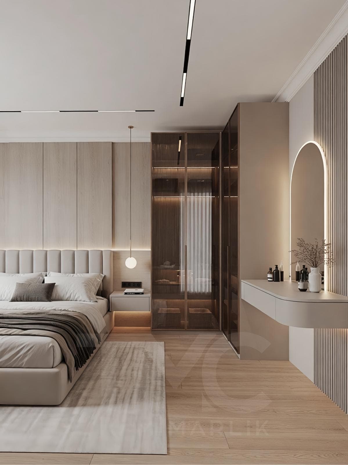 Bomonti Rotana Residence Emir Bey Yatak Odası Projesi doğal ahşap dokusu, kaplama ve hassas birleşim noktaları