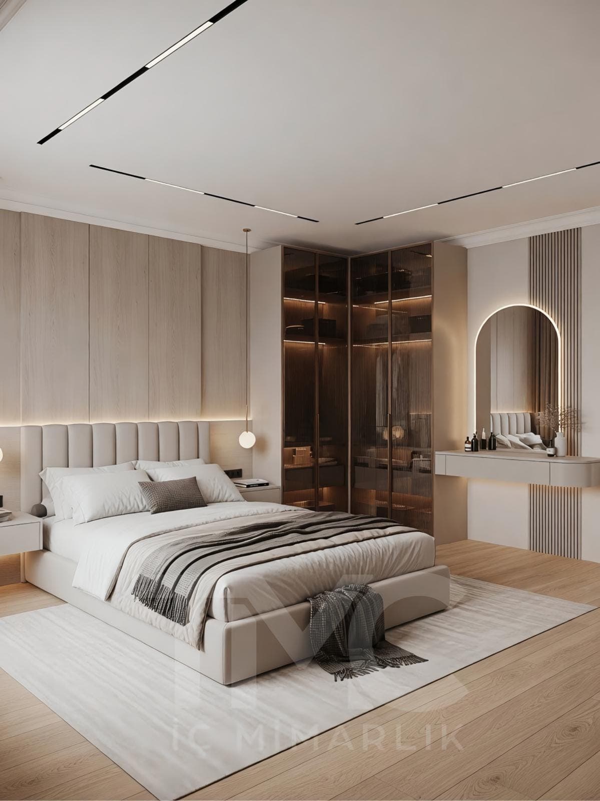 Bomonti Rotana Residence Emir Bey Yatak Odası Projesi geniş açı mekânsal organizasyon ve estetik bitiş