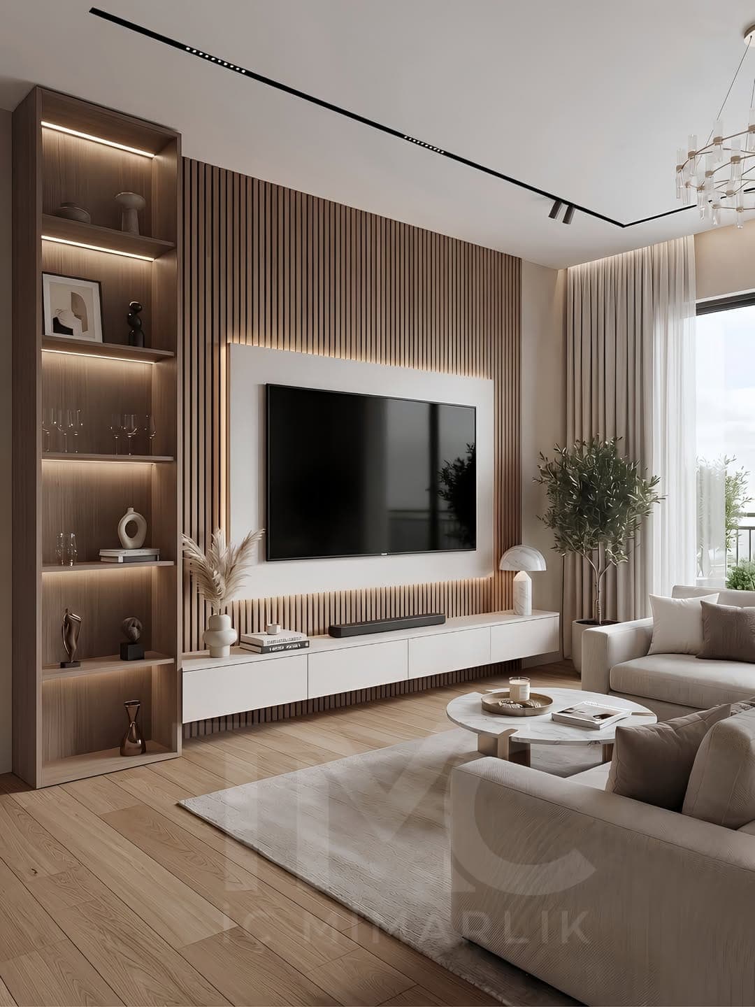 Altower Residence | Çağla Hanım TV Ünitesi genel mimari perspektifi ve ana mobilya görünümü