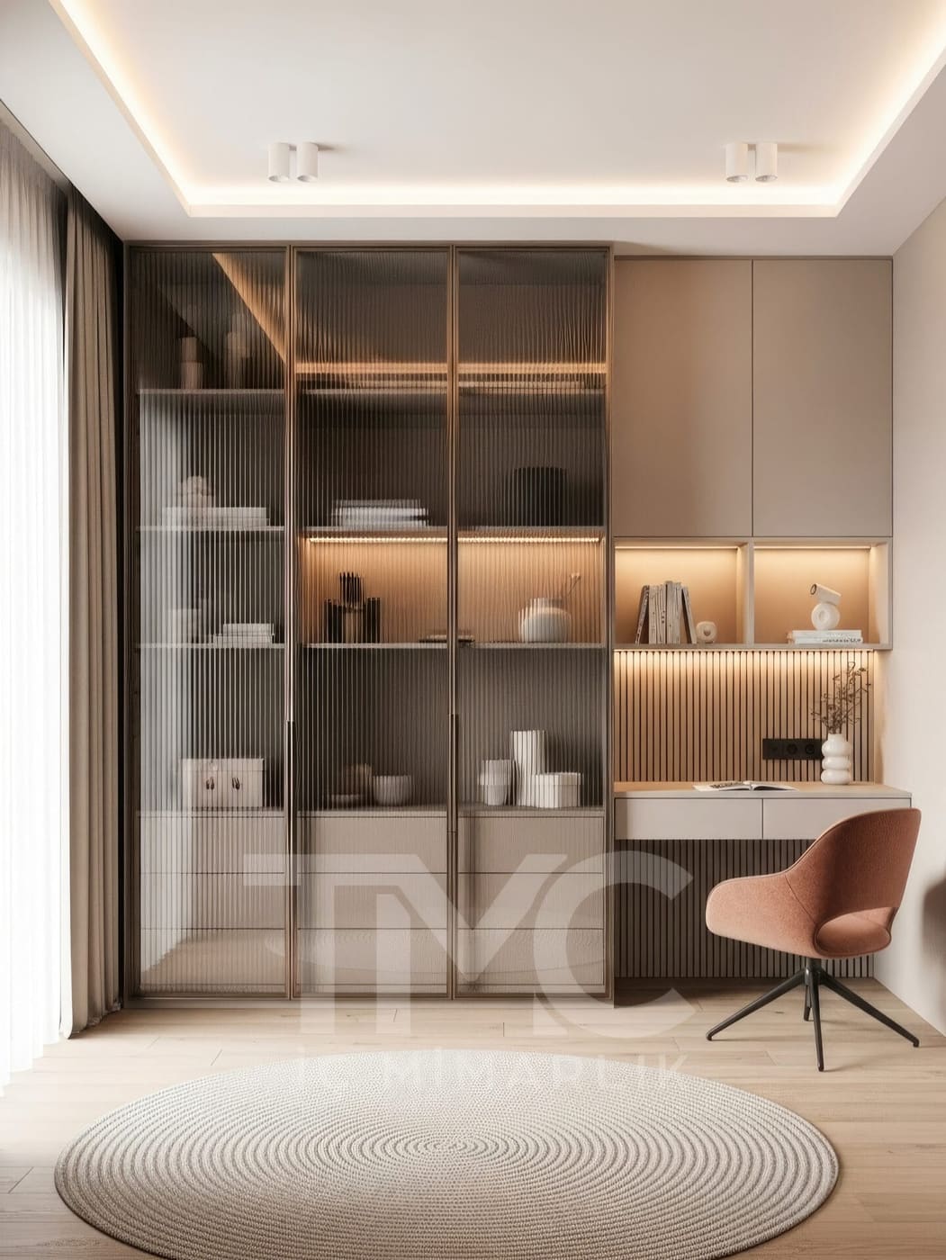 Luna Home Çalışma ve Giyinme Alanı Tasarımı gizli LED aydınlatma detayları ve depolama bölmeleri