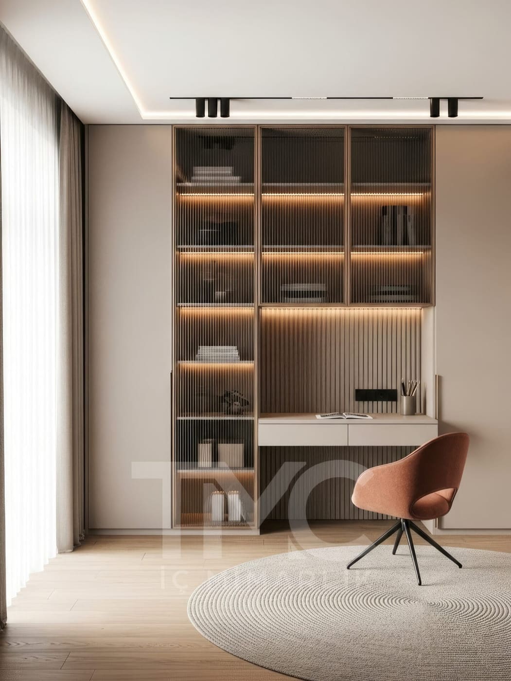 Luna Home Çalışma ve Giyinme Alanı Tasarımı doğal ahşap dokusu, kaplama ve hassas birleşim noktaları