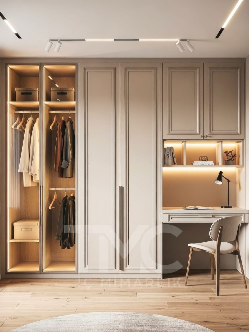 Luna Home Çalışma ve Giyinme Alanı Tasarımı iç mekân yerleşimi ve özel üretim lake işçiliği