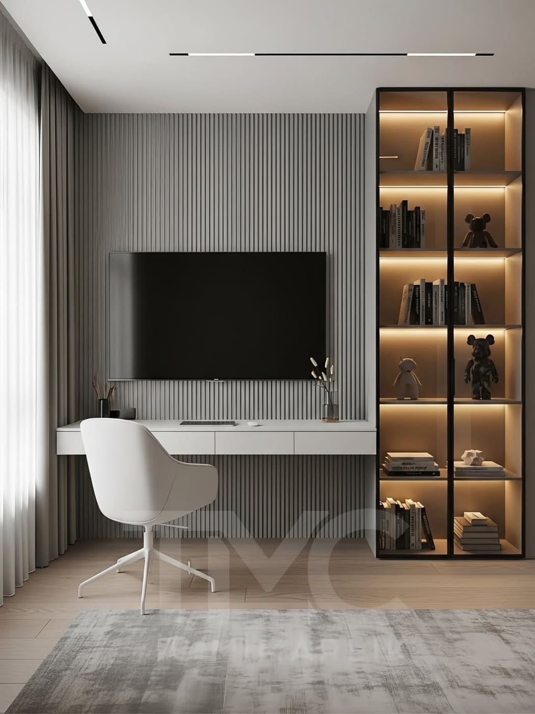 Modern Çalışma Alanı ve TV Ünitesi Tasarımı | Vento Home Office Projesi genel mimari perspektifi ve ana mobilya görünümü