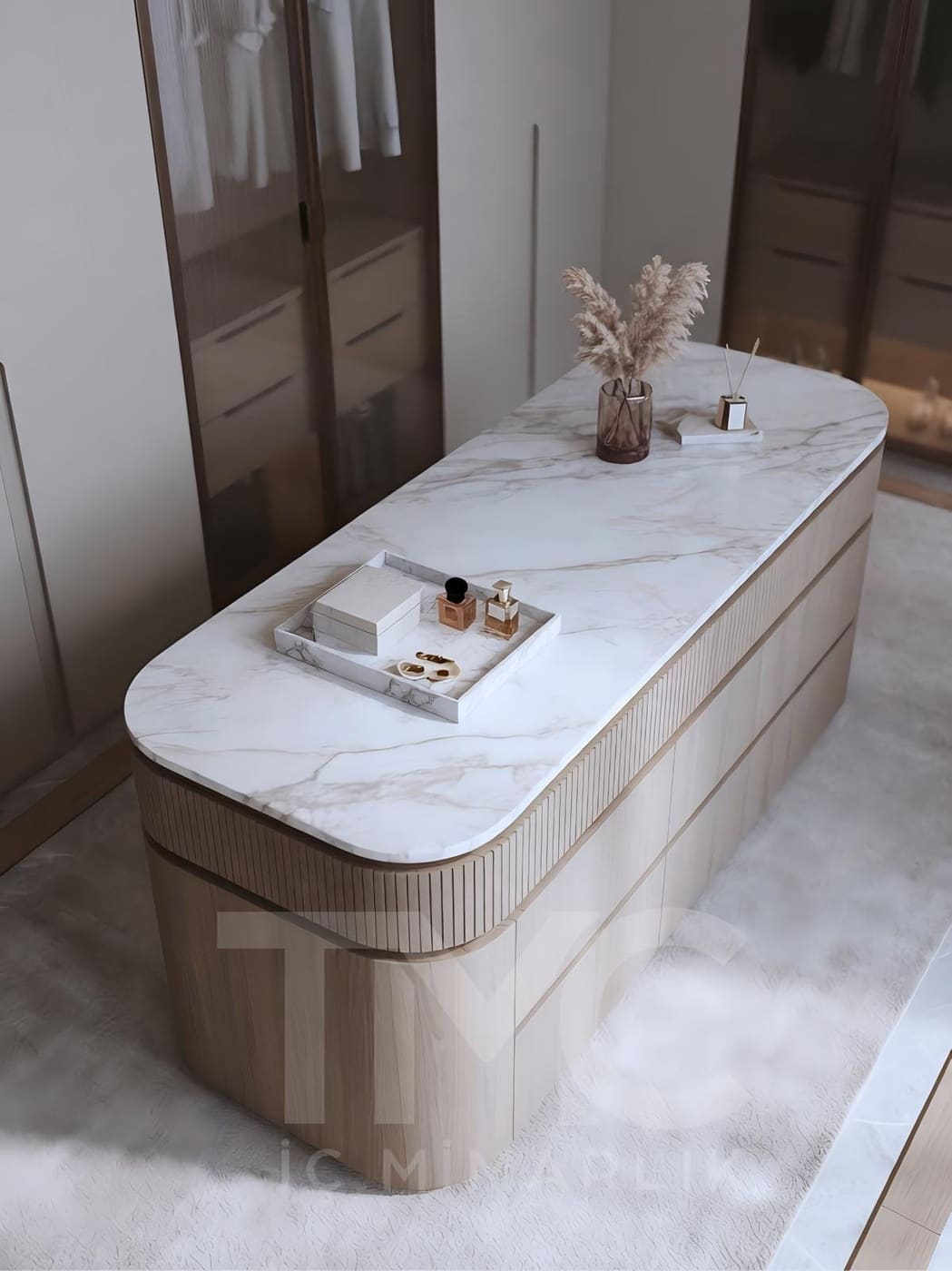 NISH ADALAR MODERN GİYİNME ODASI PROJESİ fonksiyonel kullanım ergonomisi ve mimari detay görünümü